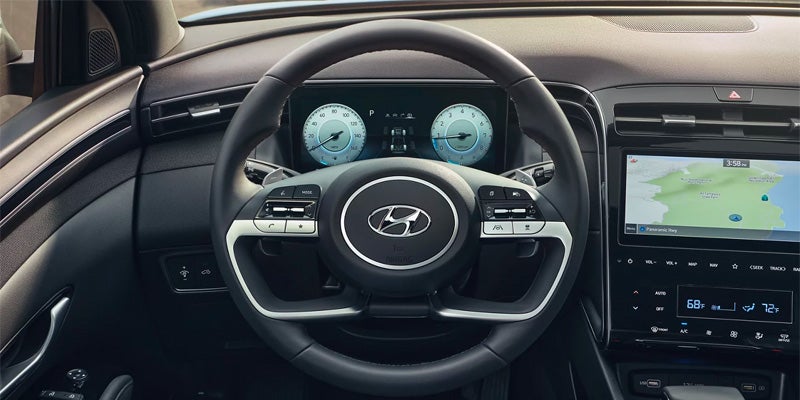 Hyundai car interior showing steering wheel with Hyundai logo