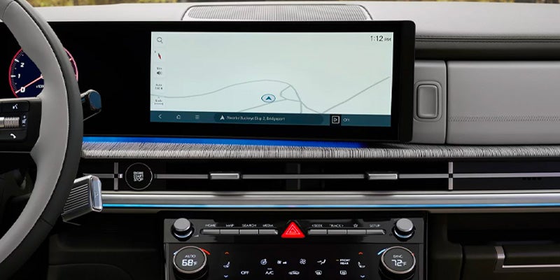 Hyundai car interior showing a large central touchscreen displaying a navigation map